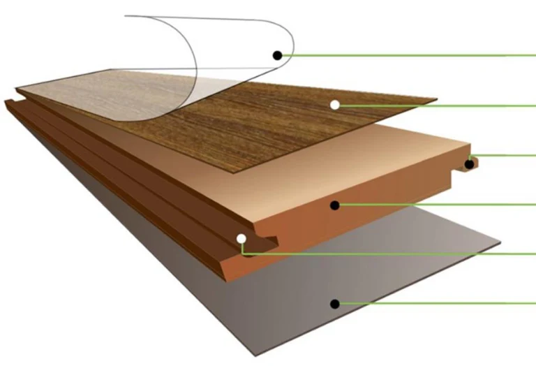 Layered structure of a Admire plank: Wear Layer, Decor Paper, Easy Installation System, HDF Core, Wax Coating, Balance Paper