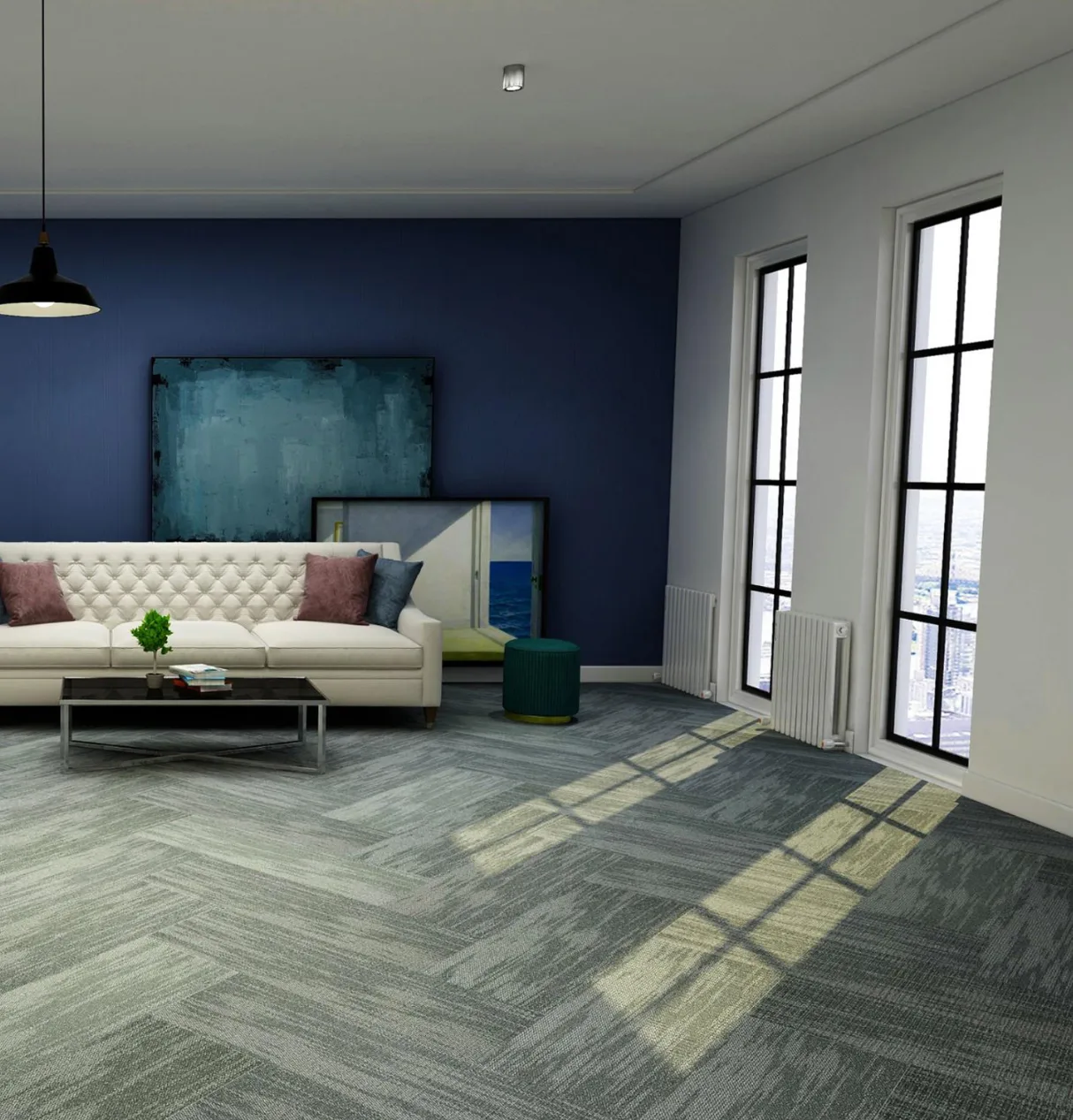 Avenue Dark Grey carpet planks in a room