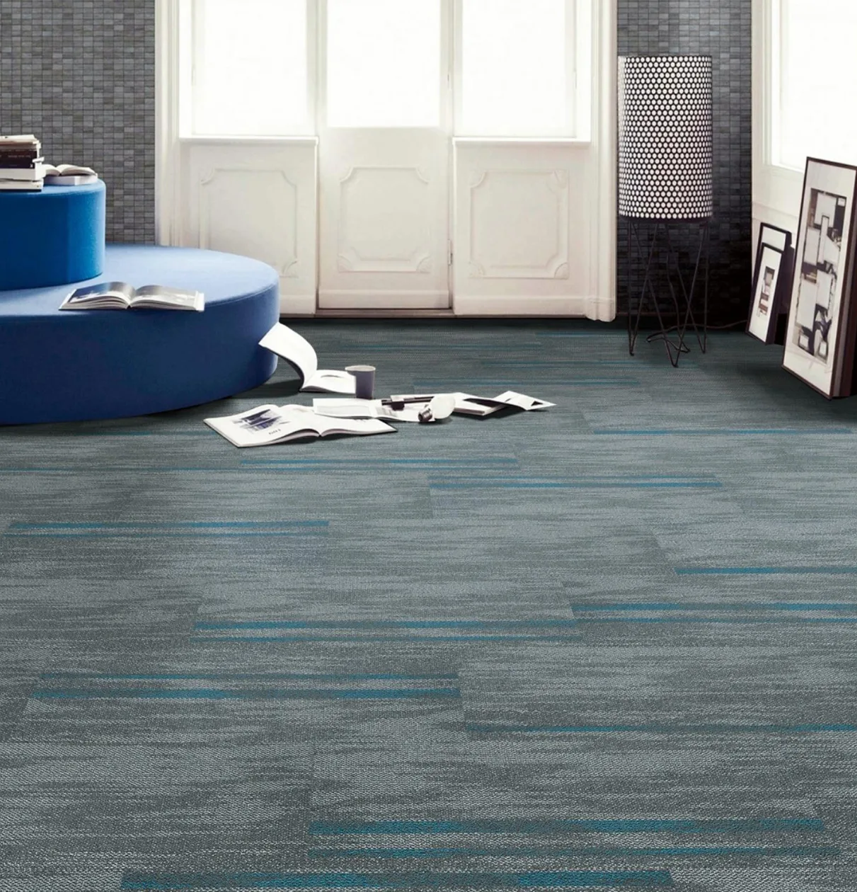 Avenue Turquoise Blue carpet planks in a room