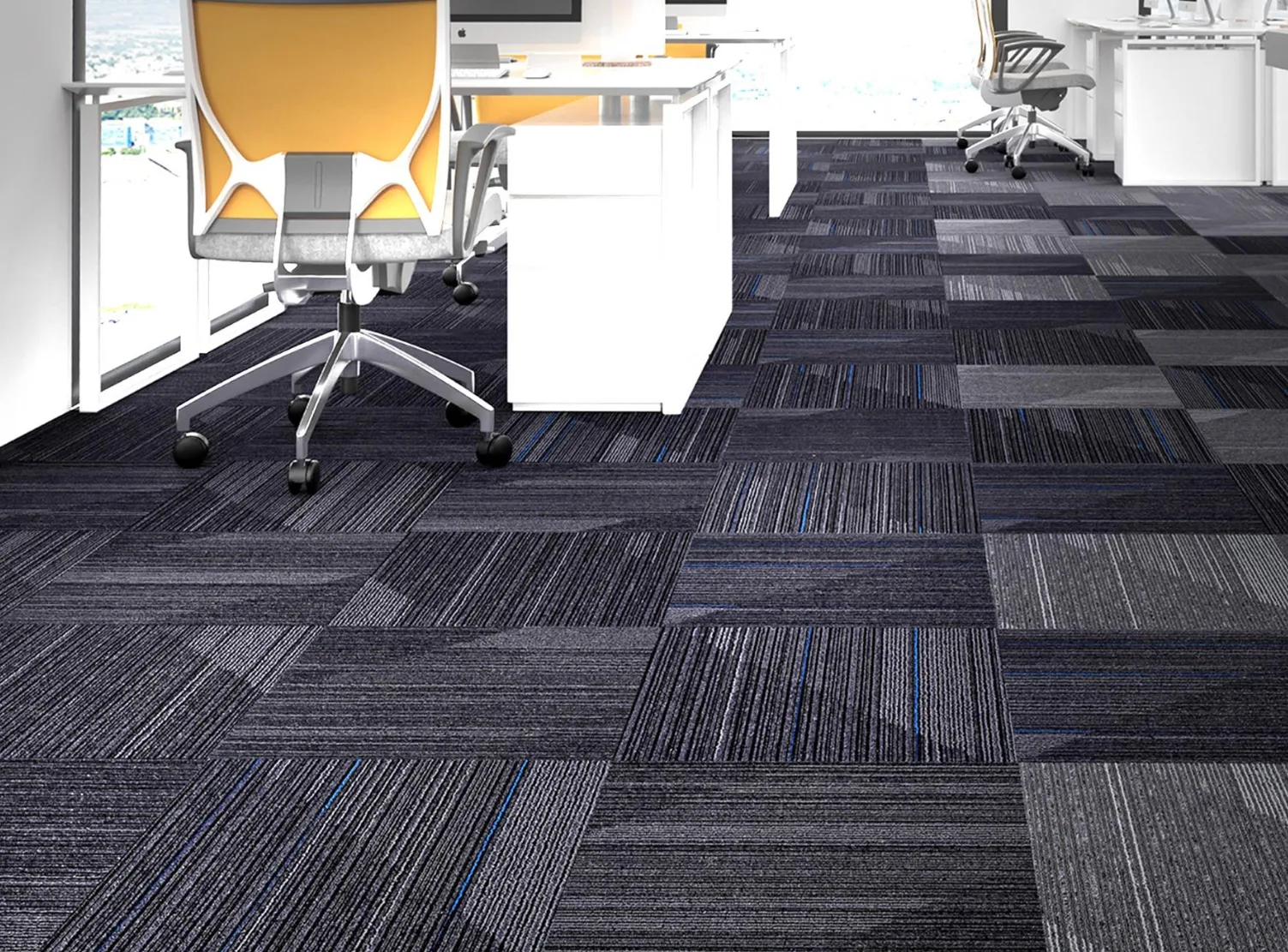 Nexus Blue modular carpet tiles in a room