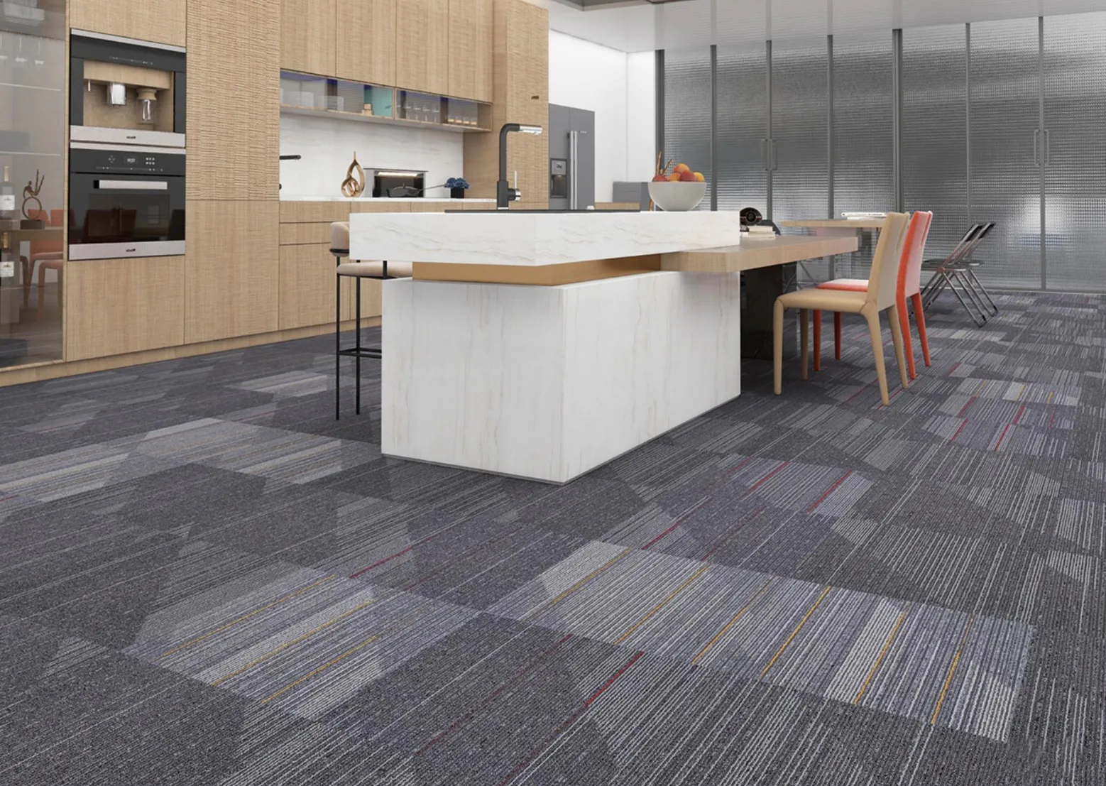 Nexus Orange modular carpet tiles in a room