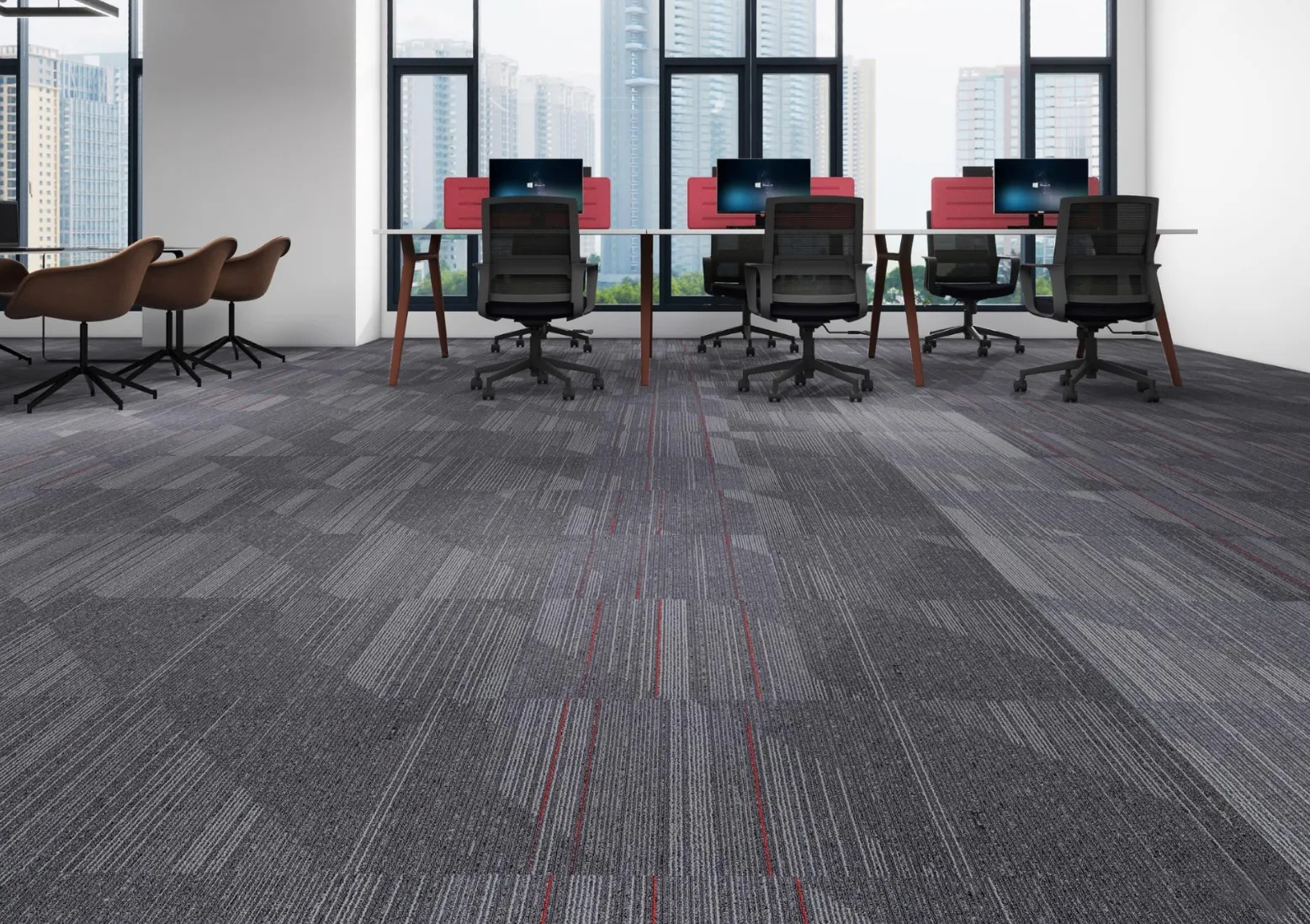 Nexus Red modular carpet tiles in a room