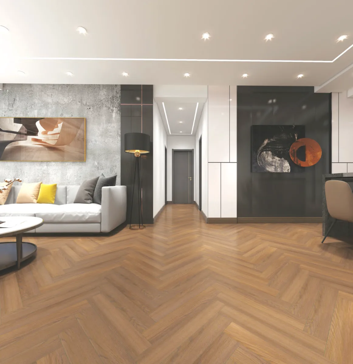 Stunning Brown Oak herringbone wooden flooring in a room