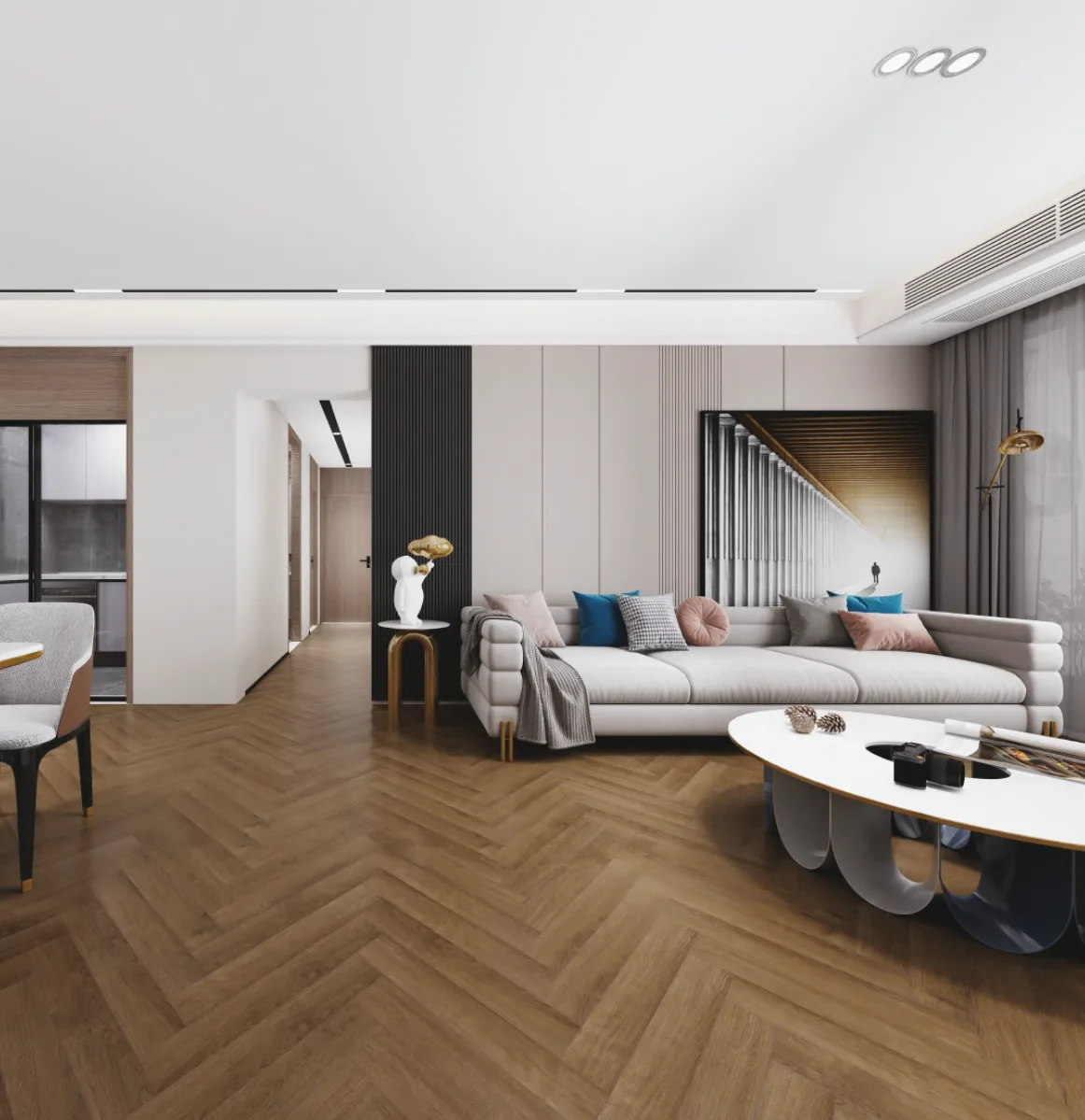 Stunning Chocolate herringbone wooden flooring in a room