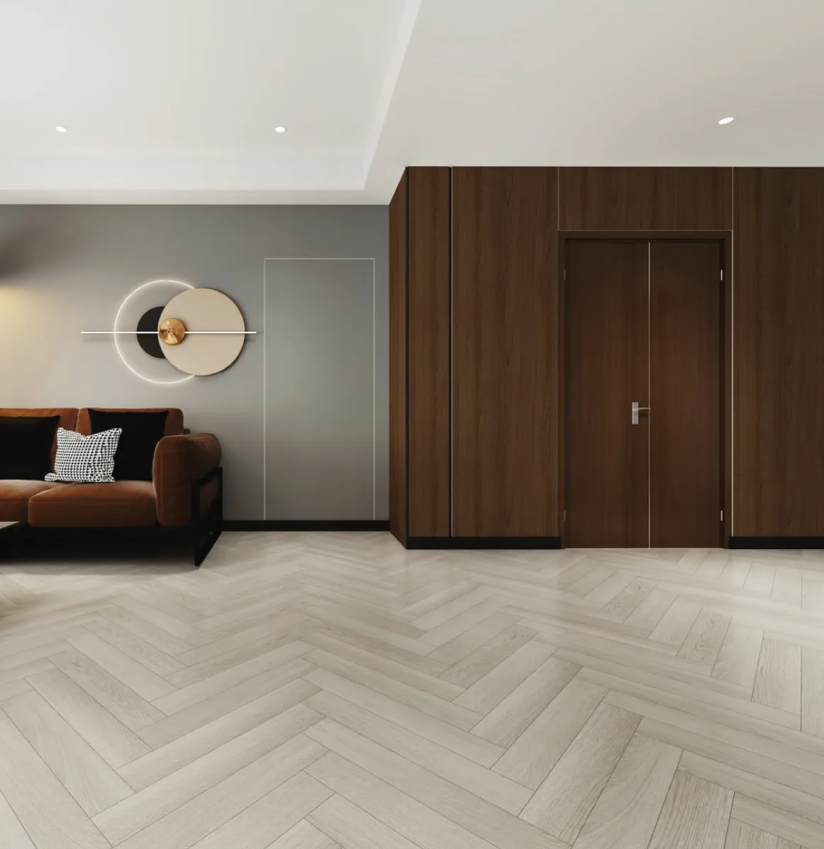Stunning Grey Oak herringbone wooden flooring in a room