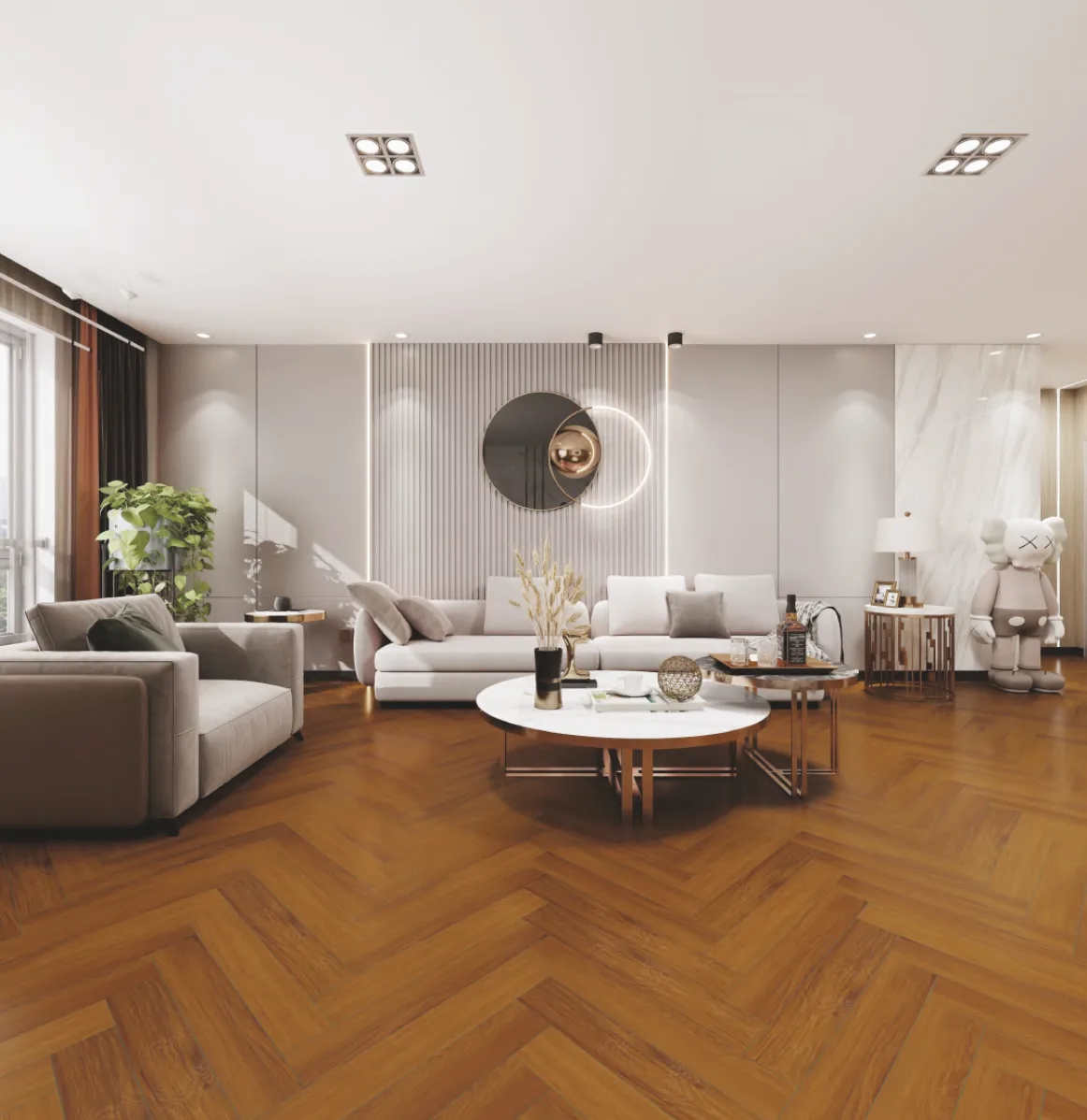 Stunning Teak herringbone wooden flooring in a room