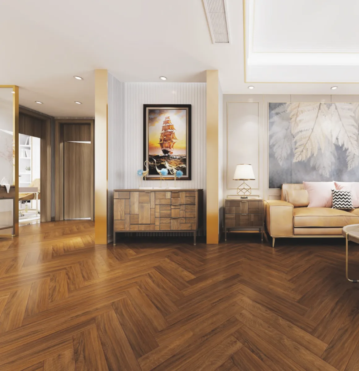 Stunning Walnut herringbone wooden flooring in a room